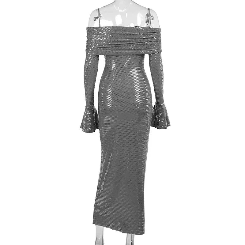 Elegant Strapless Sparkle Maxi Dress For Women Fashion Off-shoulder Backless Long Flare Sleeve Bodycon Club Party Dress