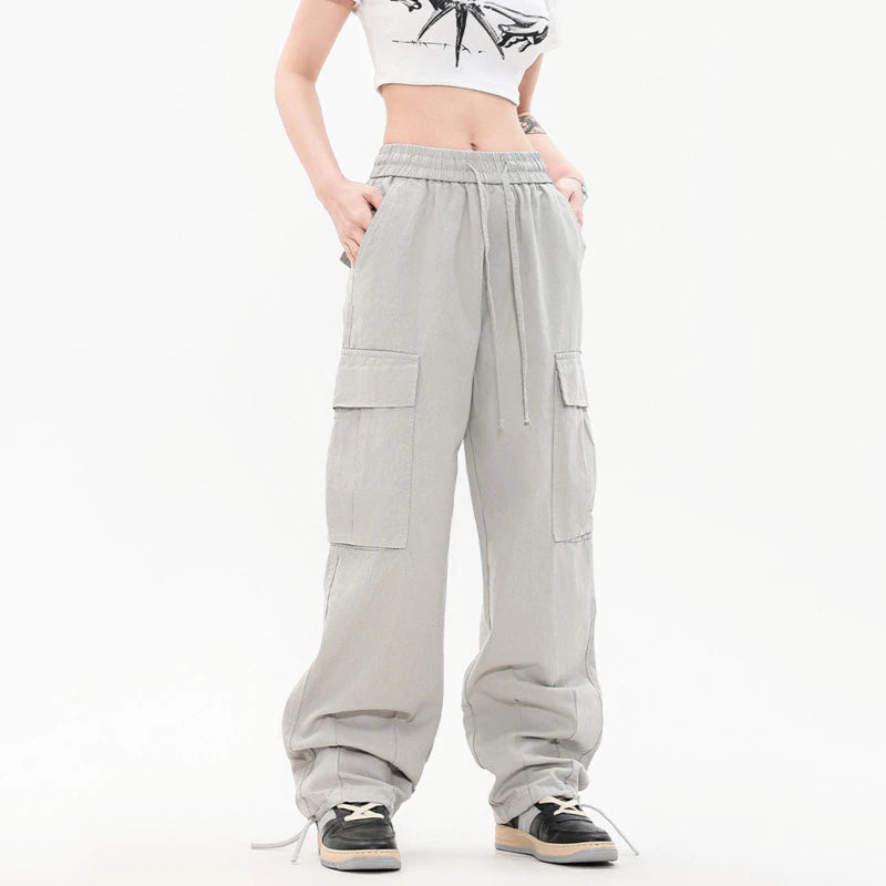 Solid Color Multi Pocket Men's Pants Casual Straight Drawstring Trendy Elastic Waist Wide Leg Simple Male Trousers 9W101
