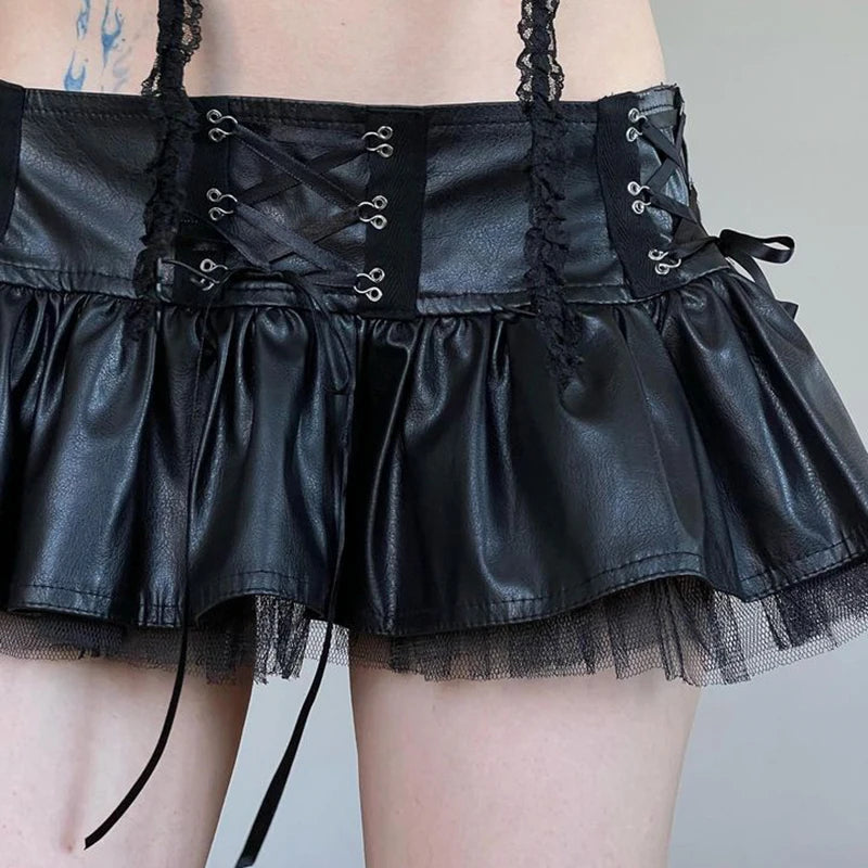 Dark Academia Fishnet Spliced Leather Skirt Women Folds Micro Gothic Party Halloween Pleated Skirt Mini Lace Up Hook