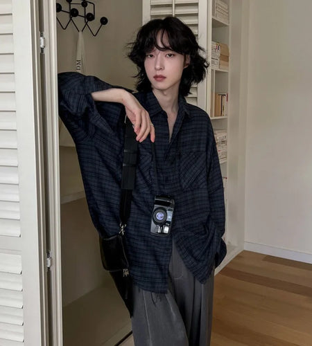 Men Plaid Design Long Sleeved Shirt New Spring Loose Casual Single Breasted Shirts Korean Turn-down Collar Trendy 9W1445