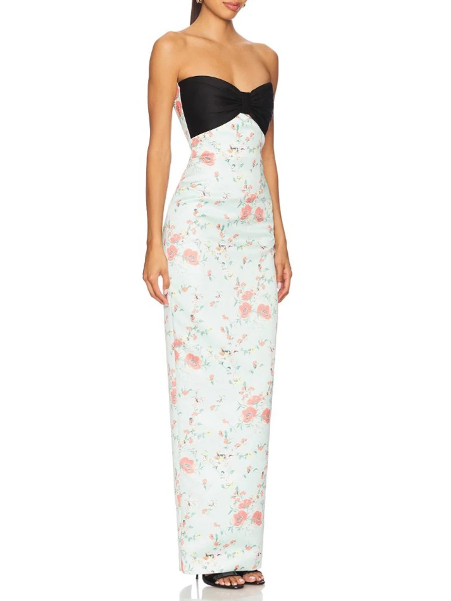 Hit Color Printing Spliced Bowknot Dresses for Women Strapless Sleeveless Sexy Dress Female Fashion Clothing New