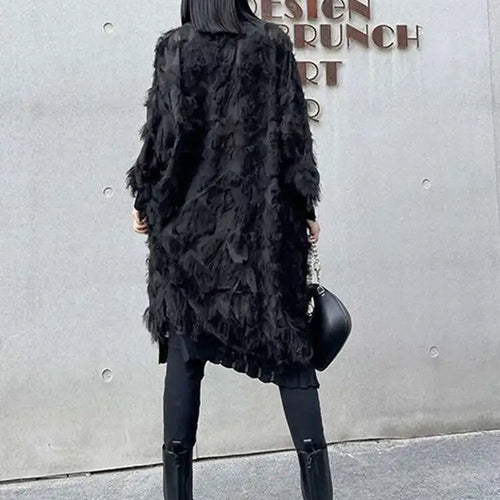 Load image into Gallery viewer, Women Black Tassels Perspective Big Size Knee-Length Dress New Turtleneck Long Sleeve Fashion Spring Autumn 2025 1DH8741
