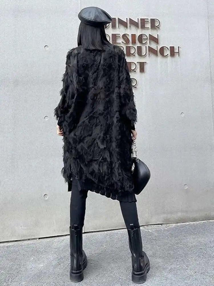Women Black Tassels Perspective Big Size Knee-Length Dress New Turtleneck Long Sleeve Fashion Spring Autumn 2025 1DH8741