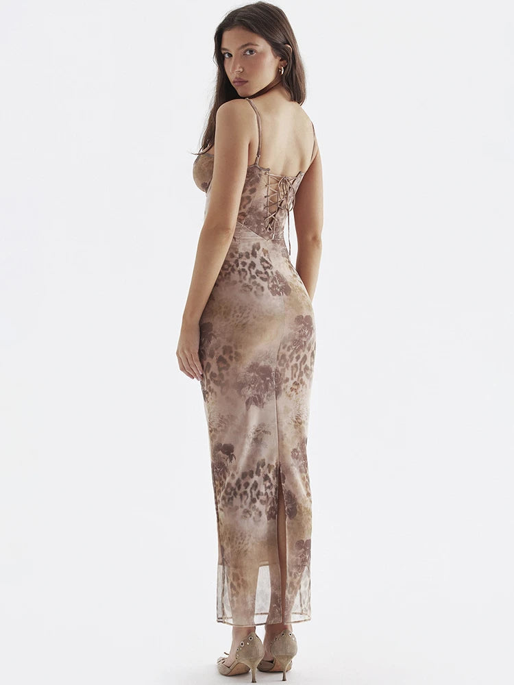 Leopard Print Bodycon Dress Sexy Maxi Spaghetti Strap Wedding Guest Dress Elegant Events Lace Up Women's Clothing