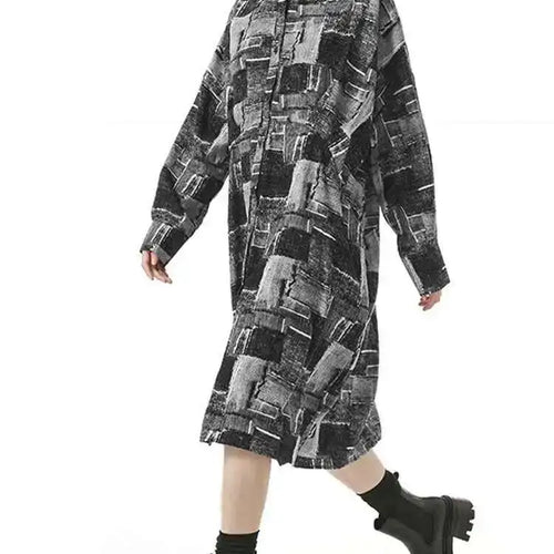 Load image into Gallery viewer, Women Black Pattern Printed Pocket Big Size Midi Shirt Dress New Lapel Long Sleeve Fashion Tide Spring Autumn 2025 1DH4102
