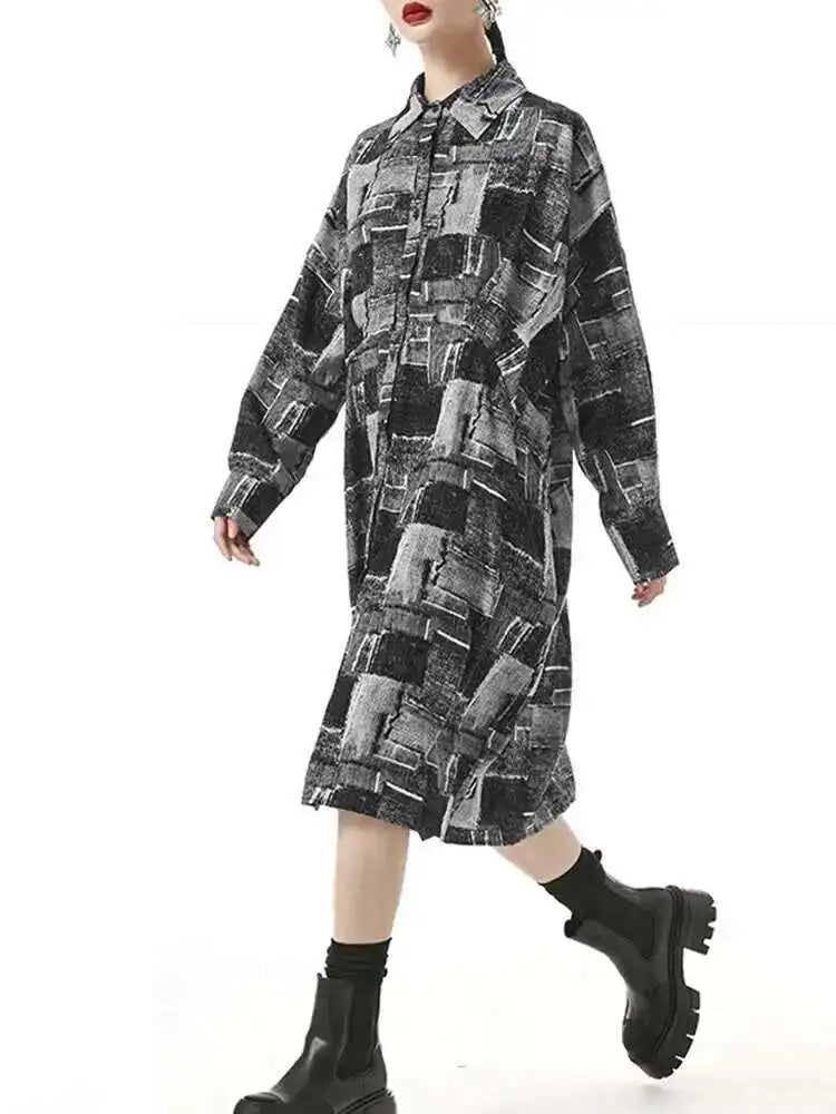 Women Black Pattern Printed Pocket Big Size Midi Shirt Dress New Lapel Long Sleeve Fashion Tide Spring Autumn 2025 1DH4102