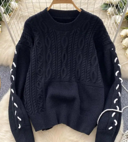 Korean Women Fashion Festival Short Pullover Tops Autumn Winter Vintage Round Neck Loose Knitted Twists Sweater Ladies Popular