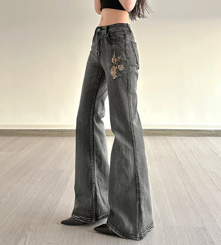 Vintage Floral Sequin Embroidered Flared Jeans Women's Full Lenght Low Waist With Pockets Denim Trousers Bottoms Chic