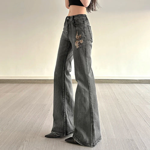 Load image into Gallery viewer, Vintage Floral Sequin Embroidered Flared Jeans Women's Full Lenght Low Waist With Pockets Denim Trousers Bottoms Chic
