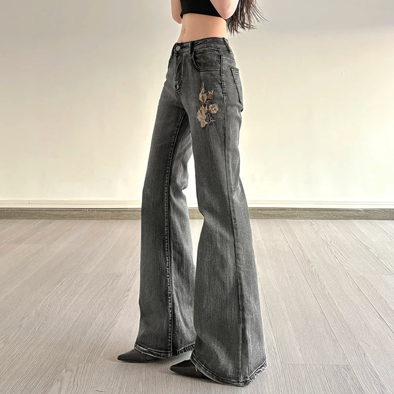 Vintage Floral Sequin Embroidered Flared Jeans Women's Full Lenght Low Waist With Pockets Denim Trousers Bottoms Chic