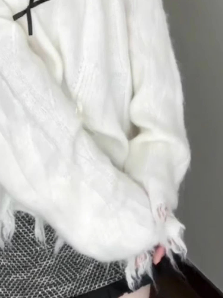 Y2k Aesthetic Hole Autumn Women Sweaters Casual Loose Bow Grunge Knitted Simple Pullovers 2025 Harajuku Solid Tops Pull Femme