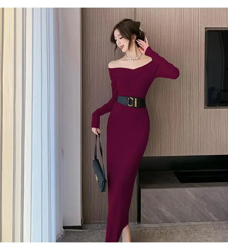 Beige Knit Sweater Dress Women Autumn Winter Black V-neck Slim Long Dresses Female Red High Waist Elegant Evening Party Dress