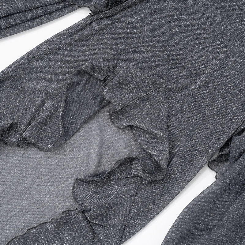 Mesh See Through Ruffled Sexy Maxi Dress For Women Gown Gray Off-shoulder Strapless Backless Ruched Long Dress Vestido