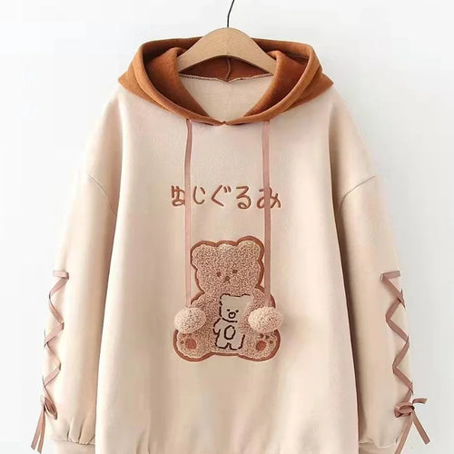 Load image into Gallery viewer, Fleece Women Kawaii Hoodies Winter Harajuku Cartoon Bear Print Cute Warm Hooded Sweatshirts Casual Drawstring Pullover
