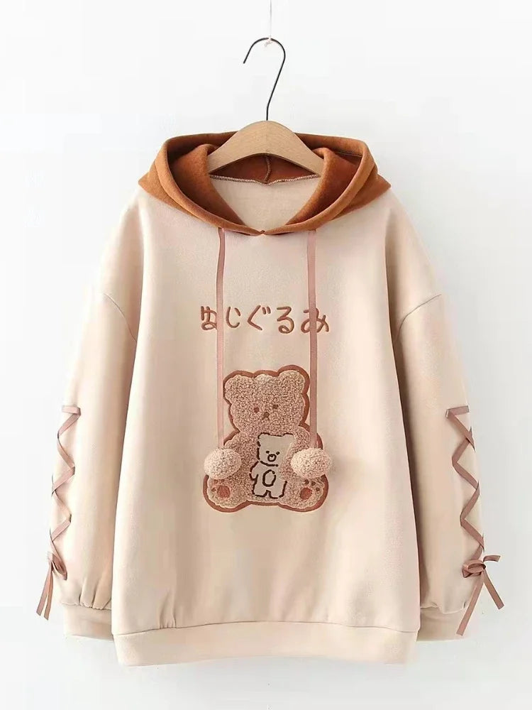 Fleece Women Kawaii Hoodies Winter Harajuku Cartoon Bear Print Cute Warm Hooded Sweatshirts Casual Drawstring Pullover