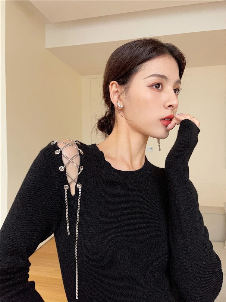 Solid Irregular Sweaters For Women Round Neck Long Sleeve Knitting Off Shoulder Slimming Sweater Female Fashion