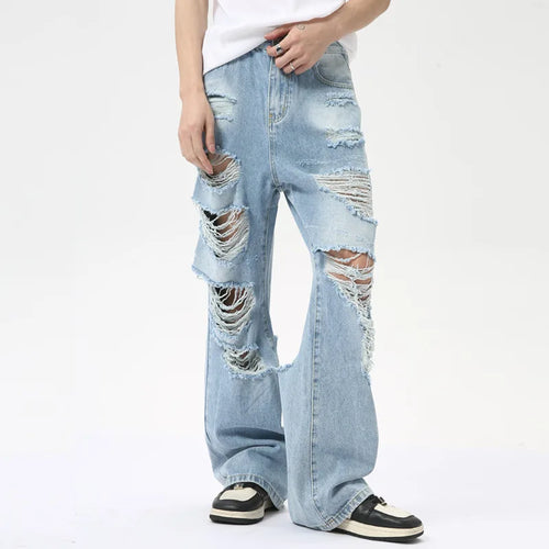 Load image into Gallery viewer, Niche Style Men&#39;s Denim Pants Loose Hole Straigth Trousers Wide Leg Male Casual Buttom zippers  Summer Fashion 9C6314
