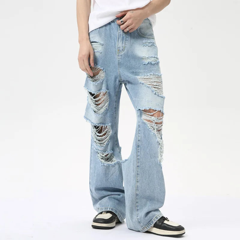 Niche Style Men's Denim Pants Loose Hole Straigth Trousers Wide Leg Male Casual Buttom zippers  Summer Fashion 9C6314