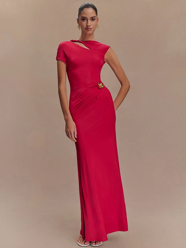 Hollow Out Gold Clasp Sexy Maxi Dress For Women Gown Solid Sleeveless Backless Ruched Bodycon Club Long Dress Elegant