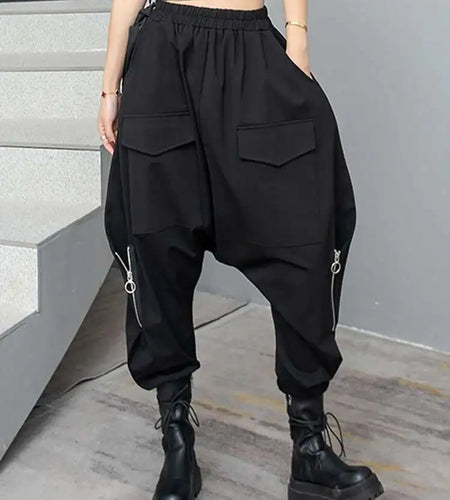 High Elastic Waist Black Pocket Zipper Long Casual Cross Pants New Trousers Women Fashion Tide Spring Autumn 2025  1DH6417
