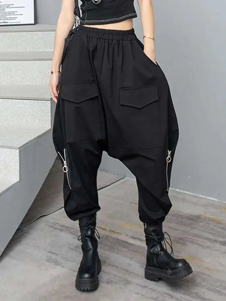 High Elastic Waist Black Pocket Zipper Long Casual Cross Pants New Trousers Women Fashion Tide Spring Autumn 2025  1DH6417