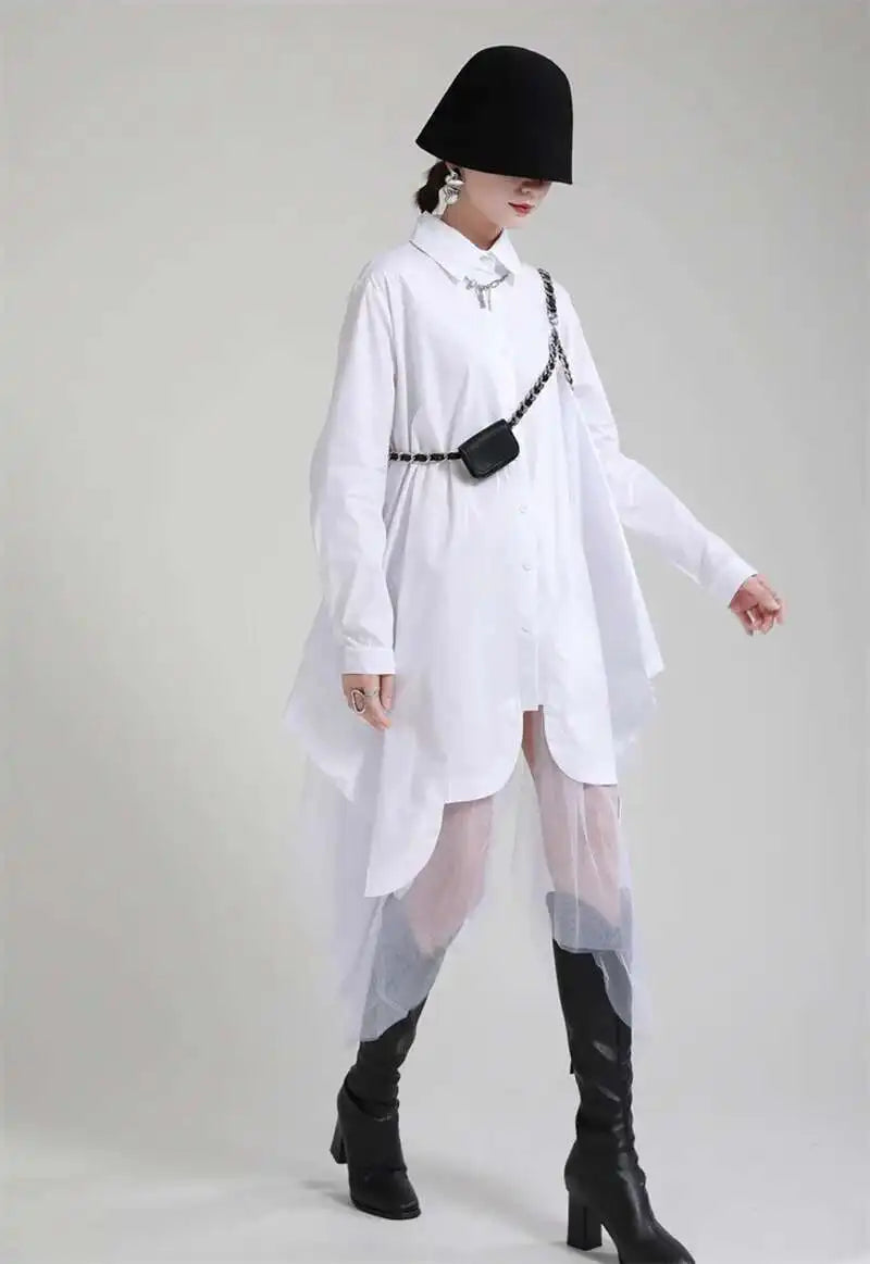 Women Black Irregular Hem Big Size Shirt Dress New Lapel Long Sleeve Loose Fit Fashion Tide Spring Autumn 2025 1DE2485