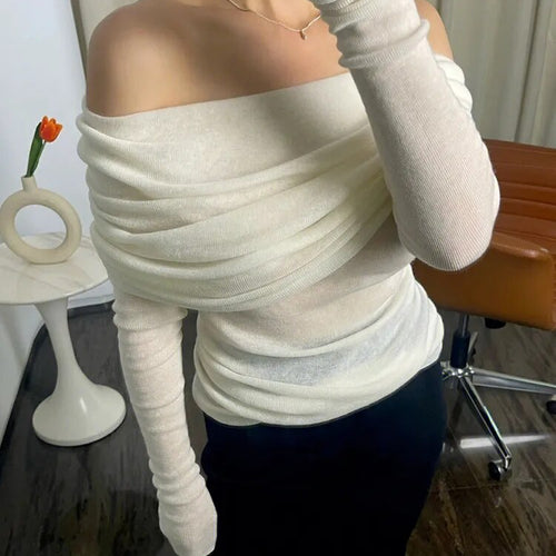 Load image into Gallery viewer, Slim Knitting Sweater For Women Slash Neck Long Sleeve Solid Minimalist Pullover Female Clothing Fashion
