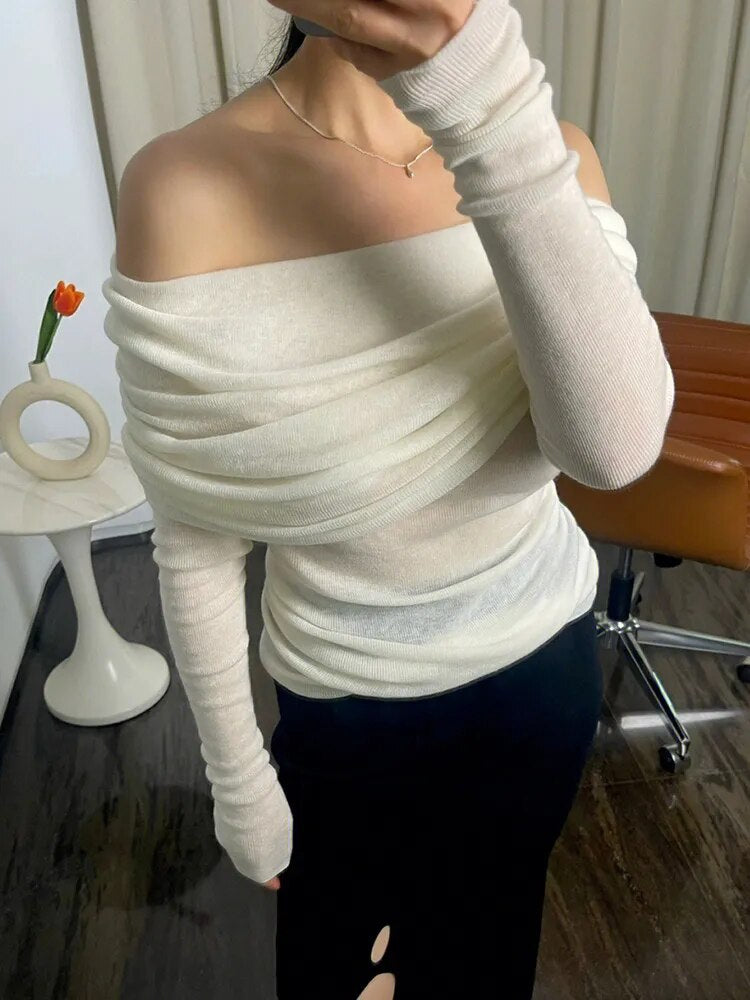 Slim Knitting Sweater For Women Slash Neck Long Sleeve Solid Minimalist Pullover Female Clothing Fashion