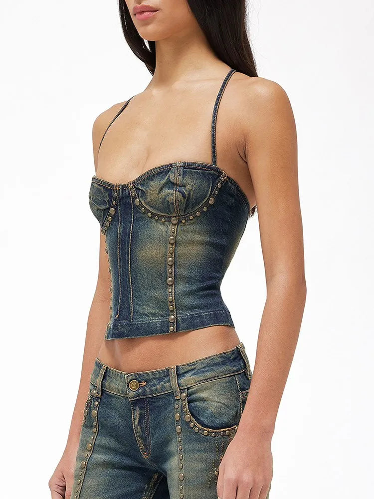 Sexy Spliced Rivet Denim Tank Tops Square Collar Sleeveless Off Shoulder Backless Bandage Slimming Vest Female Summer New