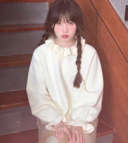 Sweet Ruffled Collar Solid Sweater Women Y2k Aesthetic Winter Loose Irregular Tops Harajuku Fairy Flare Sleeve Knitwear Jumper