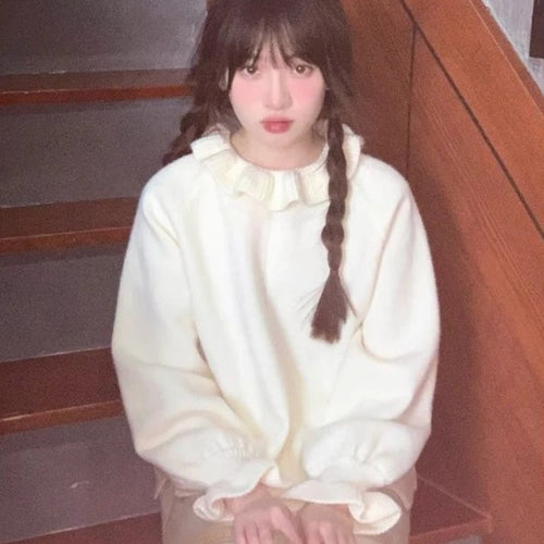 Load image into Gallery viewer, Sweet Ruffled Collar Solid Sweater Women Y2k Aesthetic Winter Loose Irregular Tops Harajuku Fairy Flare Sleeve Knitwear Jumper
