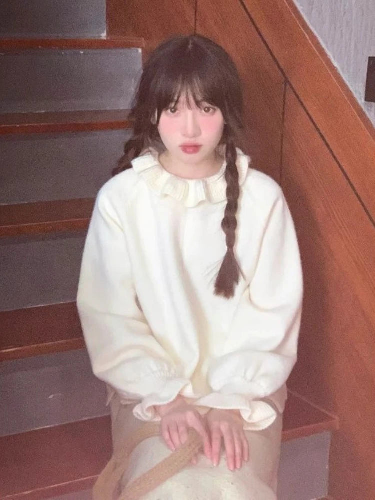 Sweet Ruffled Collar Solid Sweater Women Y2k Aesthetic Winter Loose Irregular Tops Harajuku Fairy Flare Sleeve Knitwear Jumper