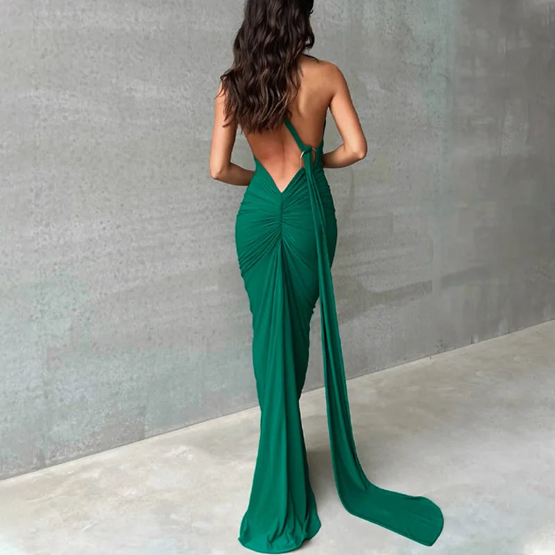 Oblique Shoulder Backless Maxi Dress For Women Gown Summer Back Strap Sleeveless Ruched Party Sexy Long Dress Vestidos