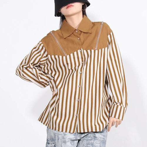 Load image into Gallery viewer, Colorblock Striped Patchwork Zipper Loose Shirts For Women Lapel Long Sleeve Spliced Single Breasted Blouses Female
