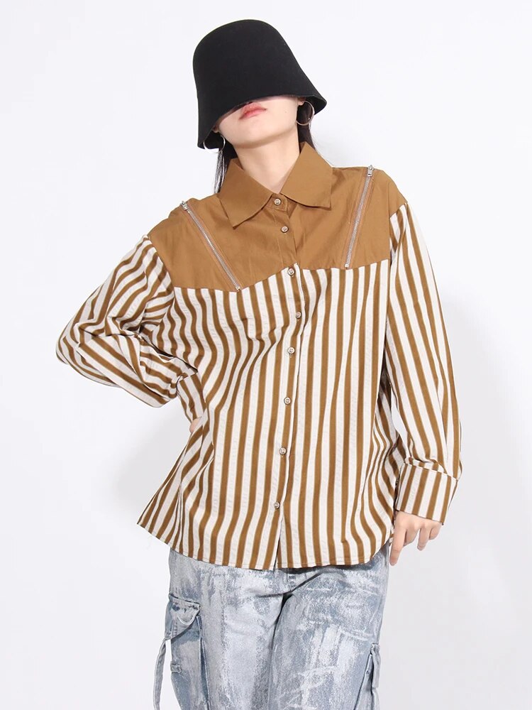 Colorblock Striped Patchwork Zipper Loose Shirts For Women Lapel Long Sleeve Spliced Single Breasted Blouses Female