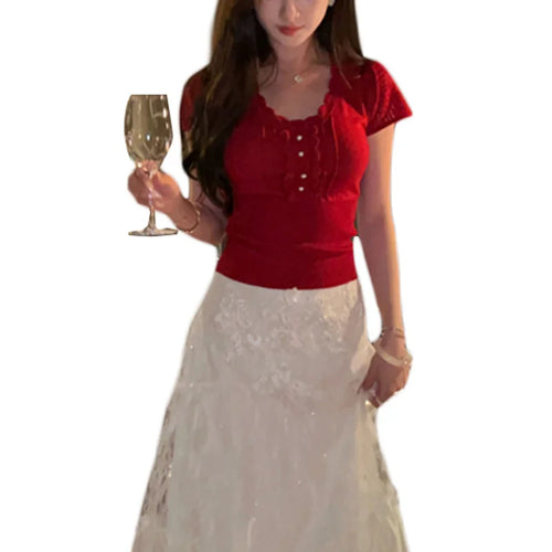 Load image into Gallery viewer, y2k Crop Tops Women Coquette Clothes Slim Fit Round Neck Short Sleeve T Shirt Fairycore Aesthetic Clothing Streetwear
