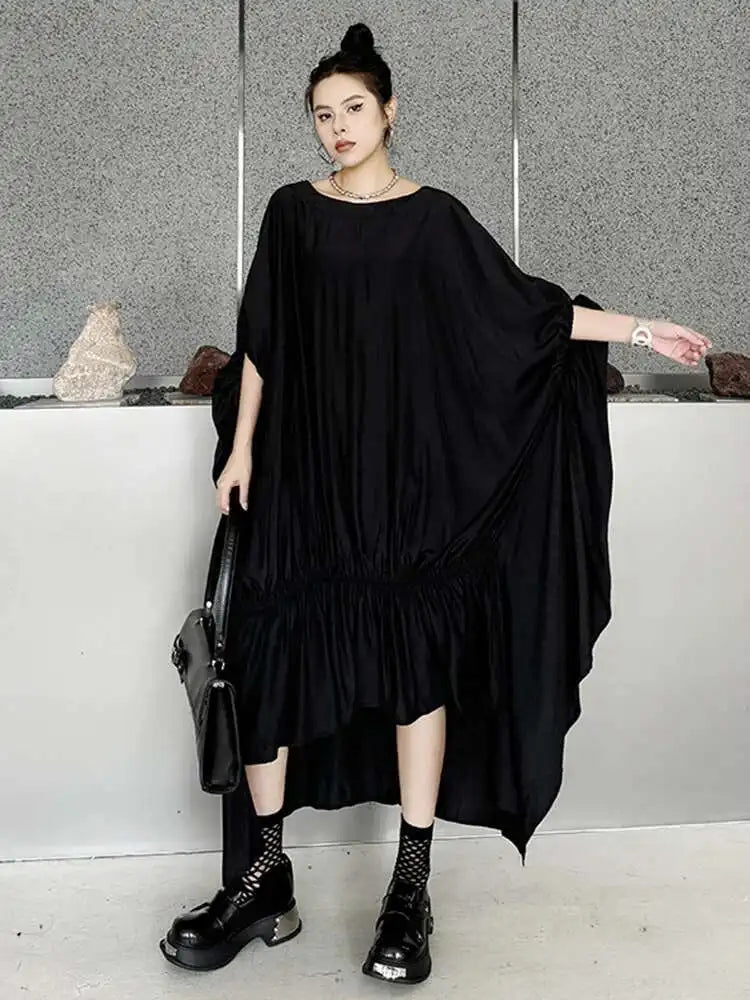 Women Black Pleated Irregular Big Size Long Dress New Round Neck Half Sleeve Fashion Tide Spring Summer 2025 1DH6284