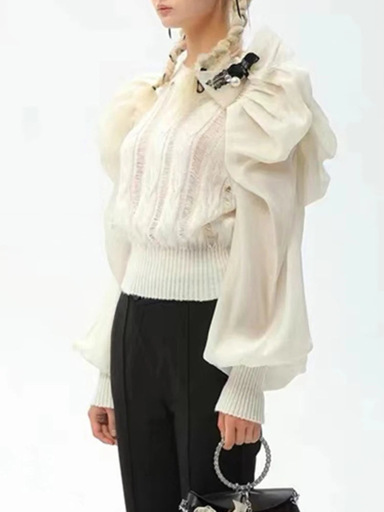 Solid Minimalist sweater For Women Round Neck Puff Sleeve Ruched Casual Loose knitting sweaters female clothing fashion