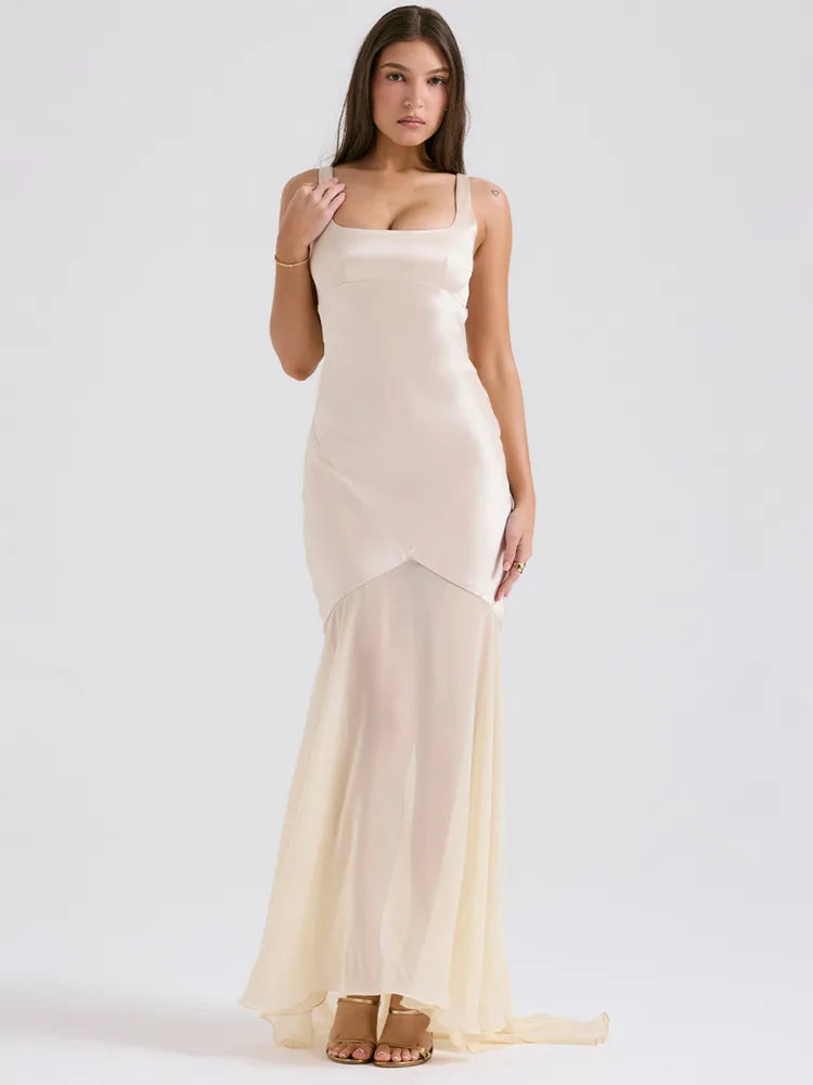 Elegant Women Spring High Chiffon Splicing Dress Slim Backband Wrapped Hip Forged Face Dress Elegant Floor Evening Dress