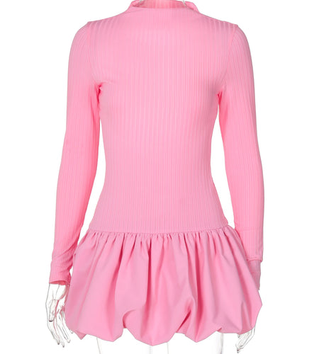 Ribbed Solid Long Sleeve Backless Sexy Elegant Bodycon Mini Pleated Dress Fall Winter Women Cute Outfits Birthday Party