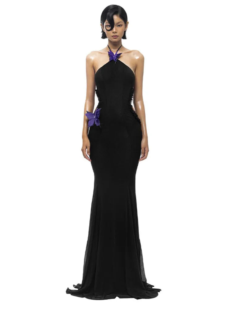 Sexy Sleeveless Hanging Zero Hollow Out  Bow Slim Dress For Women Elegant Bodycon Backless Fishtail 2025 Party Vestidos