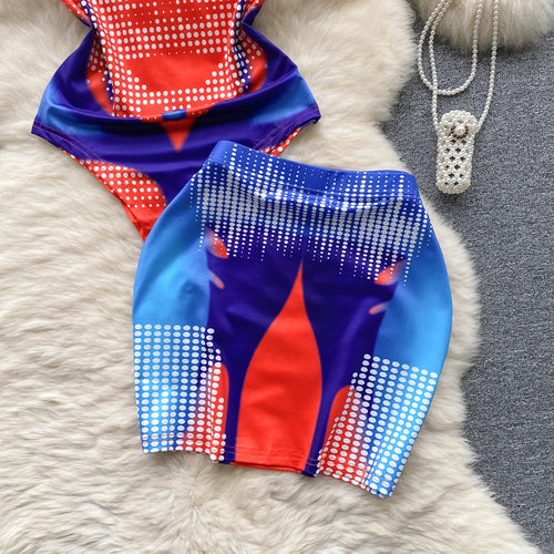 Load image into Gallery viewer, Women Fashion Red Blue Patchwork Print O Neck Short Sleeves Slim Bodysuits+ Elastic Waist Mini Skirts Y2k Retro Two Pieces Suits
