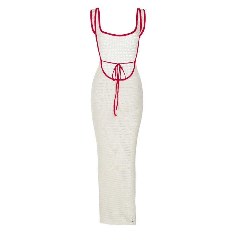 Hollow Out Backless Knit Maxi Dress For Women White Spaghetti Strap Sleeveless Bodycon Club Party Sexy Knitted Dress