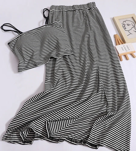 Women Summer Black Purple Stripe Backless Short Slip Tops And Elastic High Waist Pleated Split A Line Long Skirt 2024 New Suit