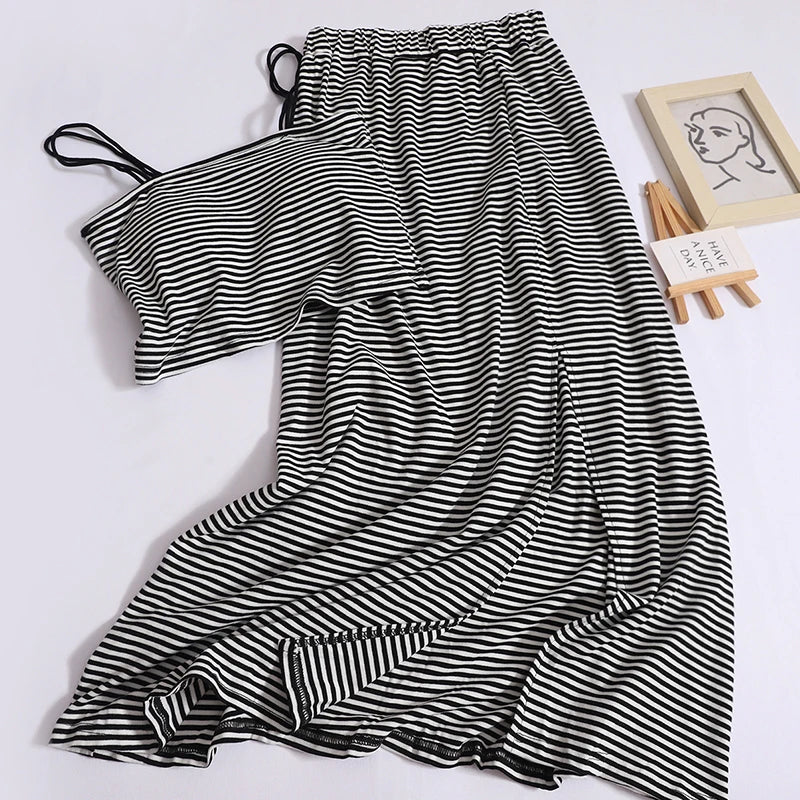 Women Summer Black Purple Stripe Backless Short Slip Tops And Elastic High Waist Pleated Split A Line Long Skirt 2024 New Suit