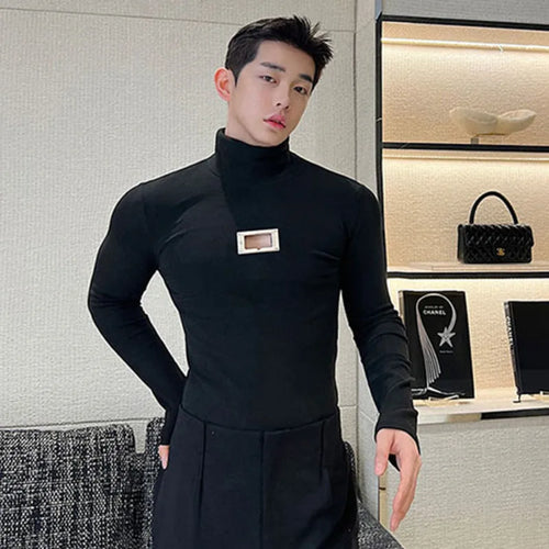 Load image into Gallery viewer, Simple Slim Men&#39;s Long Sleeve T-shirts Autumn Tight Metal Hollow Out Brushed High Collar Pullover Top Tide 9C3122
