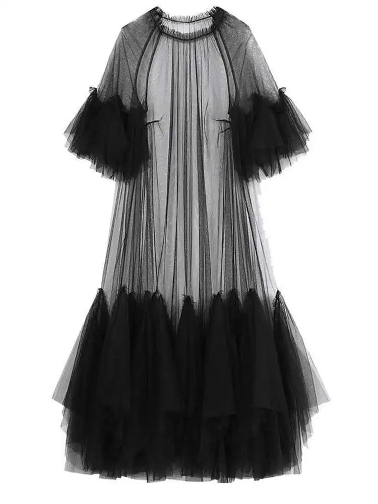 Women Black Ruffles Long Big Size Dress New Round Neck Three-quarter Sleeve Loose Fit Fashion Spring Summer 2025 JR77101