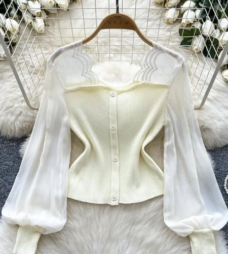 Women Black White Patchwork Knit Sweater Spring Autumn Fashion Yellow Lantern Sleeved Single Breasted Short Pullovers Chic Trend