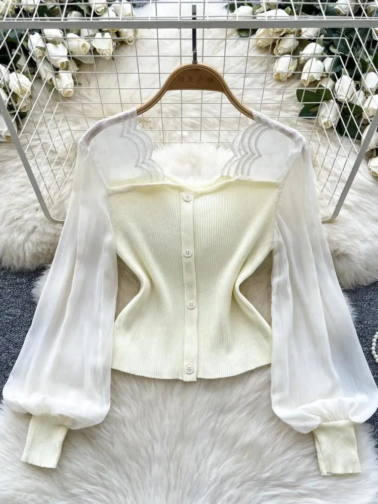 Women Black White Patchwork Knit Sweater Spring Autumn Fashion Yellow Lantern Sleeved Single Breasted Short Pullovers Chic Trend