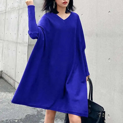 Load image into Gallery viewer, Women Blue Knitting Big Size Mini Dress New V-Neck Long Batwing Sleeve Loose Fit Fashion Tide Spring Autumn 2025 1DF9758
